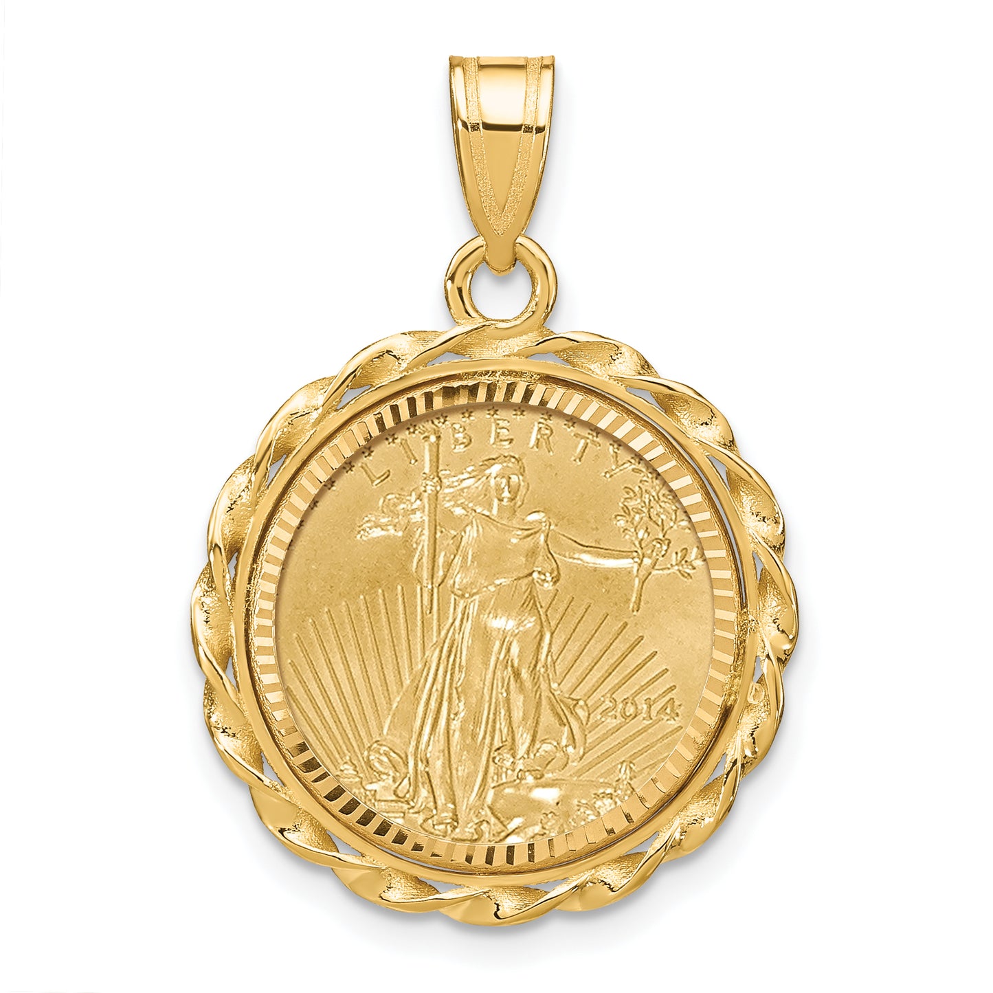 14K Yellow Gold Wideband Distinguished Coin Jewelry 14Ky Diamond-Cut & Twisted Wire Prong Mounted 1/10Oz American Eagle Bezel Pendant