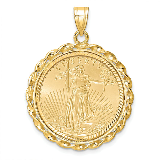 14K Yellow Gold Wideband Distinguished Coin Jewelry 14Ky Diamond-Cut & Twisted Wire Prong Mounted 1/4Oz American Eagle Bezel Pendant