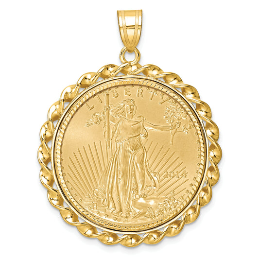 14K Yellow Gold Wideband Distinguished Coin Jewelry 14Ky Diamond-Cut & Twisted Wire Prong Mounted 1/2Oz American Eagle Bezel Pendant