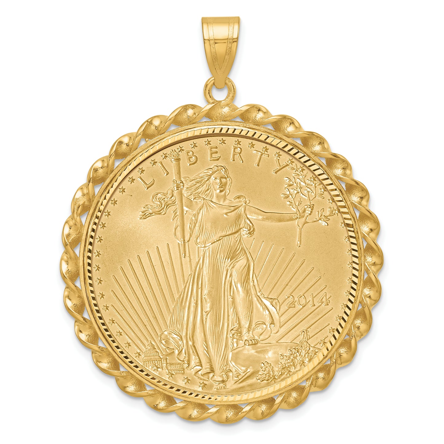 14K Yellow Gold Wideband Distinguished Coin Jewelry 14Ky Diamond-Cut & Twisted Wire Prong Mounted 1Oz American Eagle Bezel Pendant