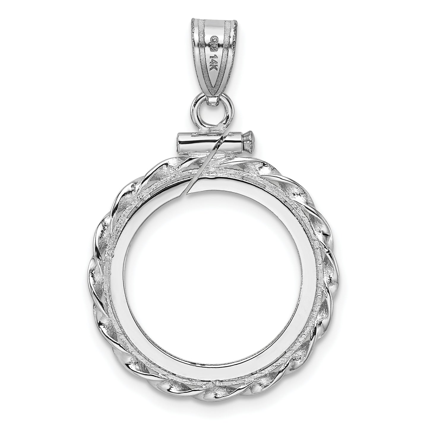 14K White Gold Wideband Distinguished Coin Jewelry Polished Wide Twisted Wire 16.5mm X 1.35mm Screw Top Bezel Pendant