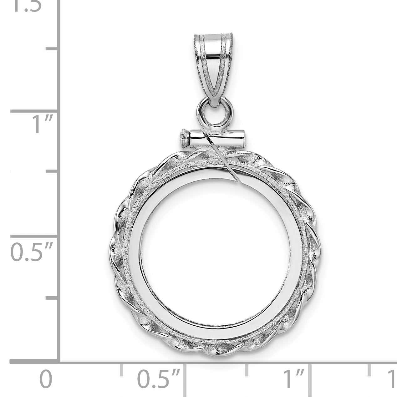 14K White Gold Wideband Distinguished Coin Jewelry Polished Wide Twisted Wire 16.5mm X 1.35mm Screw Top Bezel Pendant