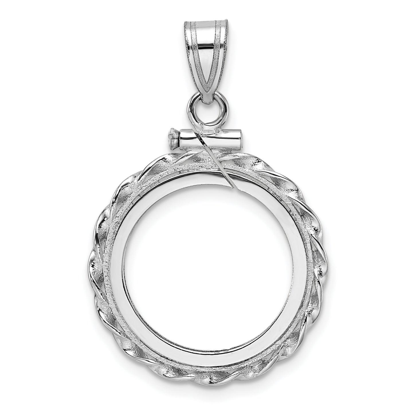 14K White Gold Wideband Distinguished Coin Jewelry Polished Wide Twisted Wire 16.5mm X 1.35mm Screw Top Bezel Pendant