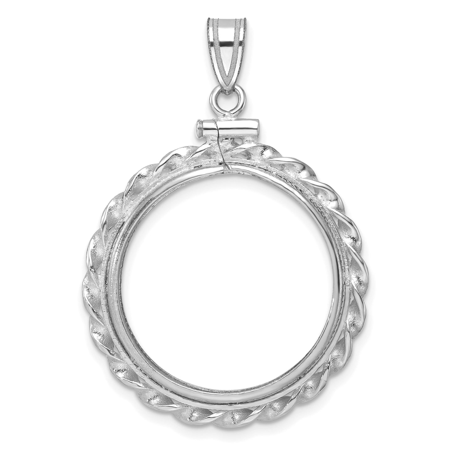 14K White Gold Wideband Distinguished Coin Jewelry Polished Wide Twisted Wire 22.0mm X 1.9mm Screw Top Bezel Pendant