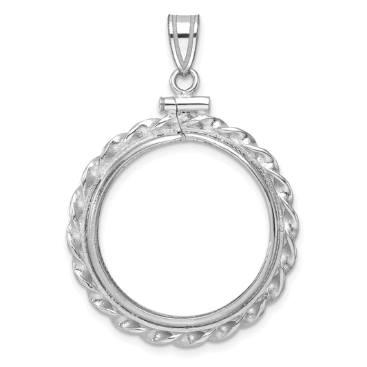 14K White Gold Wideband Distinguished Coin Jewelry Polished Wide Twisted Wire 22.0mm X 1.9mm Screw Top Bezel Pendant