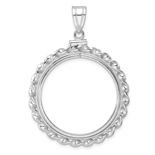 14K White Gold Wideband Distinguished Coin Jewelry Polished Wide Twisted Wire 27.0mm X 2.35mm Screw Top Bezel Pendant