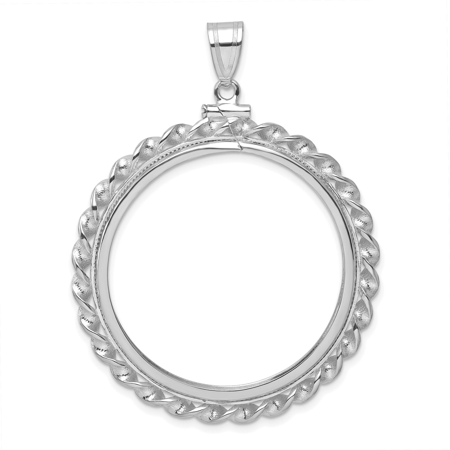 14K White Gold Wideband Distinguished Coin Jewelry Polished Wide Twisted Wire 32.7mm X 3.00mm Screw Top Bezel Pendant