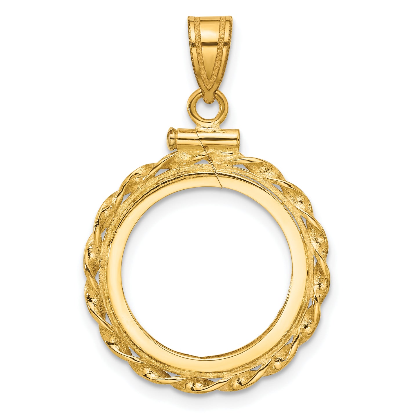 14K Yellow Gold Wideband Distinguished Coin Jewelry Polished Wide Twisted Wire 16.5mm X 1.35mm Screw Top Bezel Pendant