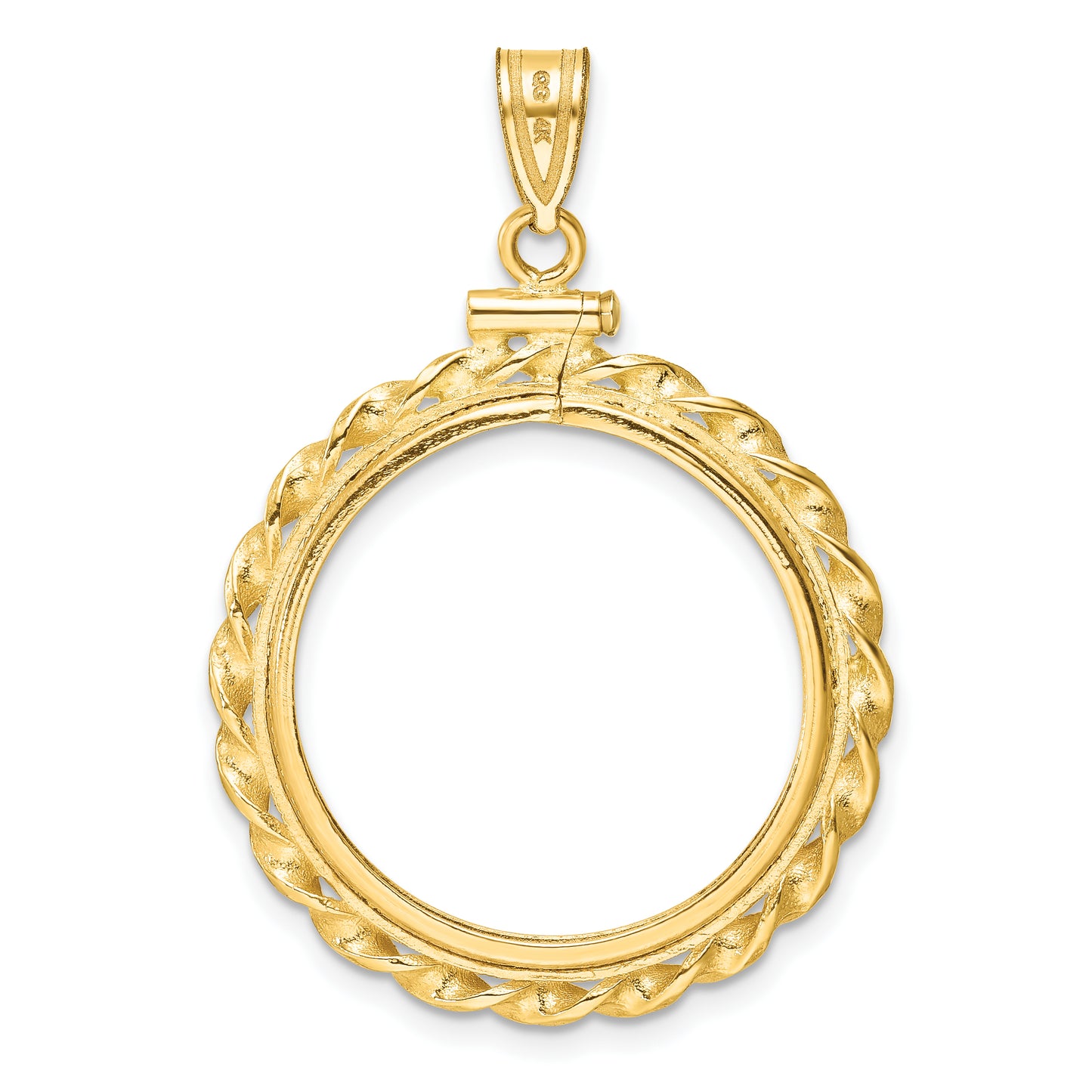 14K Yellow Gold Wideband Distinguished Coin Jewelry Polished Wide Twisted Wire 22.0mm X 1.9mm Screw Top Bezel Pendant