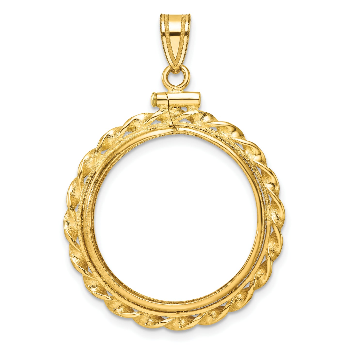 14K Yellow Gold Wideband Distinguished Coin Jewelry Polished Wide Twisted Wire 22.0mm X 1.9mm Screw Top Bezel Pendant