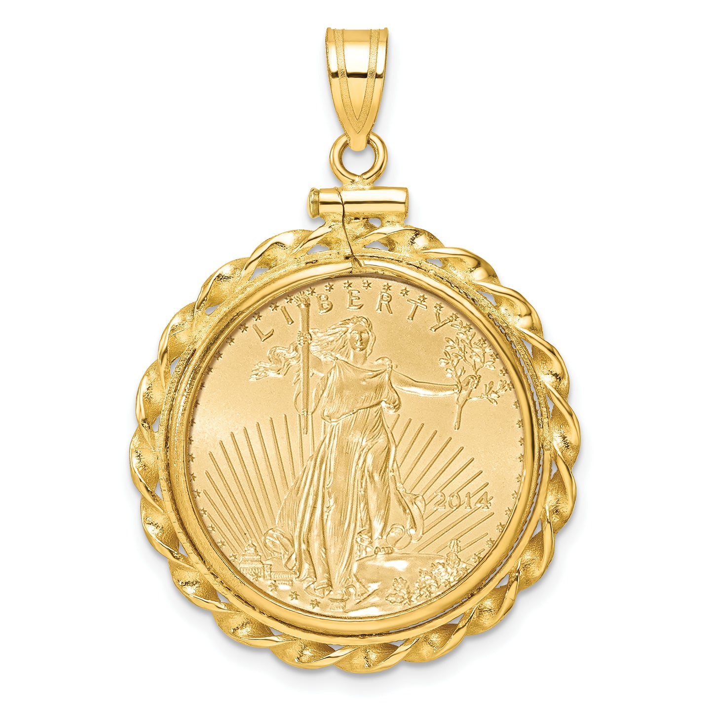 14K Yellow Gold Wideband Distinguished Coin Jewelry Polished Wide Twisted Wire Mounted 1/4Oz American Eagle Screw Top Bezel Pendant