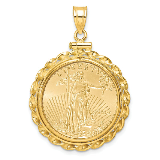 14K Yellow Gold Wideband Distinguished Coin Jewelry Polished Wide Twisted Wire Mounted 1/4Oz American Eagle Screw Top Bezel Pendant