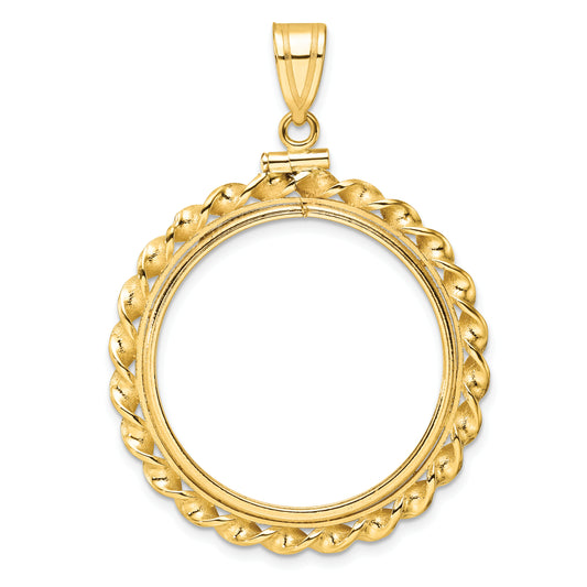 14K Yellow Gold Wideband Distinguished Coin Jewelry Polished Wide Twisted Wire 27.0mm X 2.35mm Screw Top Bezel Pendant