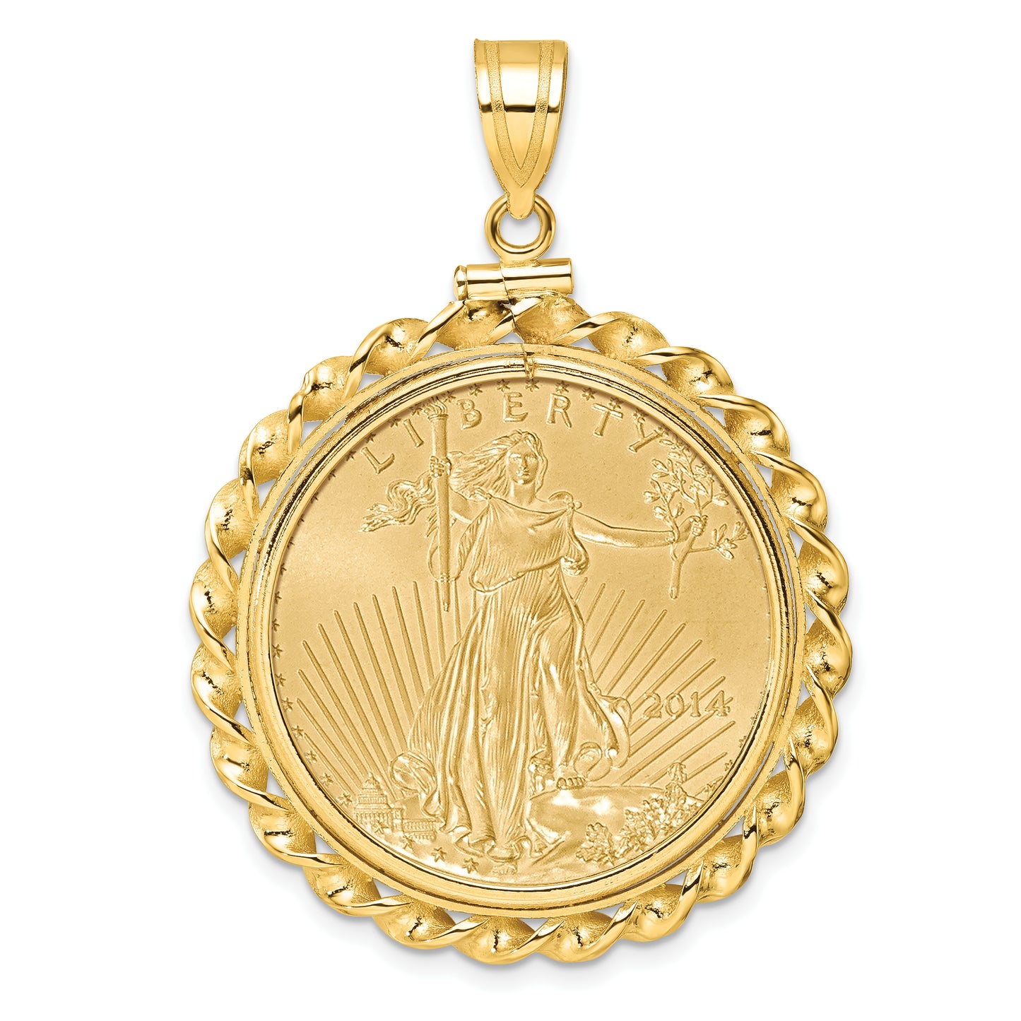 14K Yellow Gold Wideband Distinguished Coin Jewelry Polished Wide Twisted Wire Mounted 1/2Oz American Eagle Screw Top Bezel Pendant