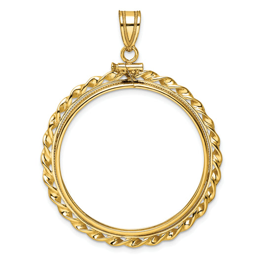 14K Yellow Gold Wideband Distinguished Coin Jewelry Polished Wide Twisted Wire 32.0mm X 2.85mm Screw Top Bezel Pendant