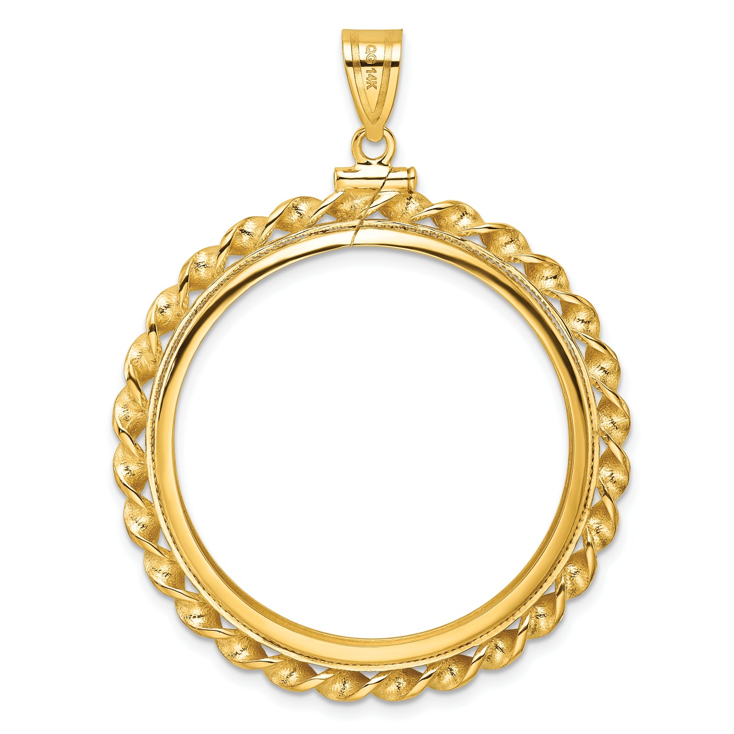 14K Yellow Gold Wideband Distinguished Coin Jewelry Polished Wide Twisted Wire 32.7mm X 3.00mm Screw Top Bezel Pendant