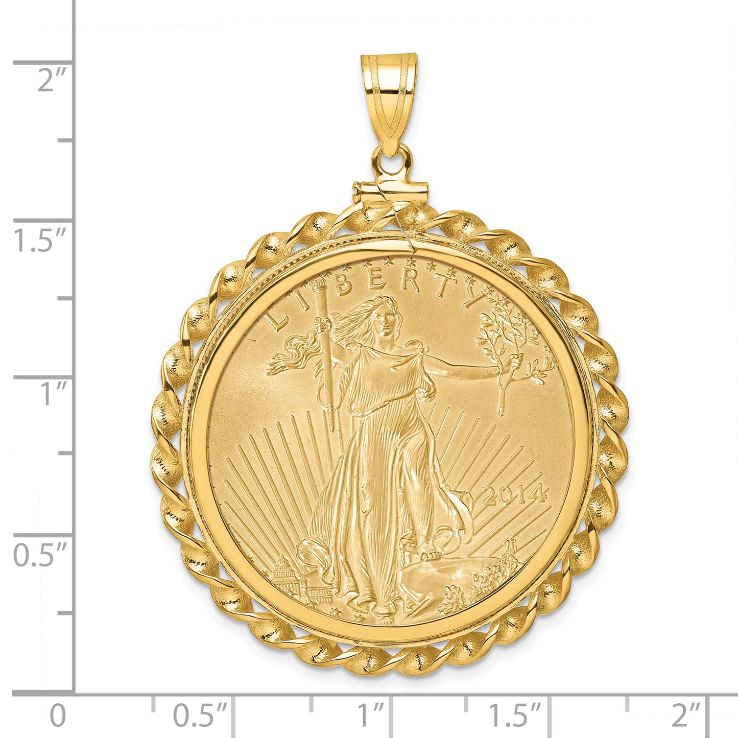 14K Yellow Gold Wideband Distinguished Coin Jewelry Polished Wide Twisted Wire Mounted 1Oz American Eagle Screw Top Bezel Pendant