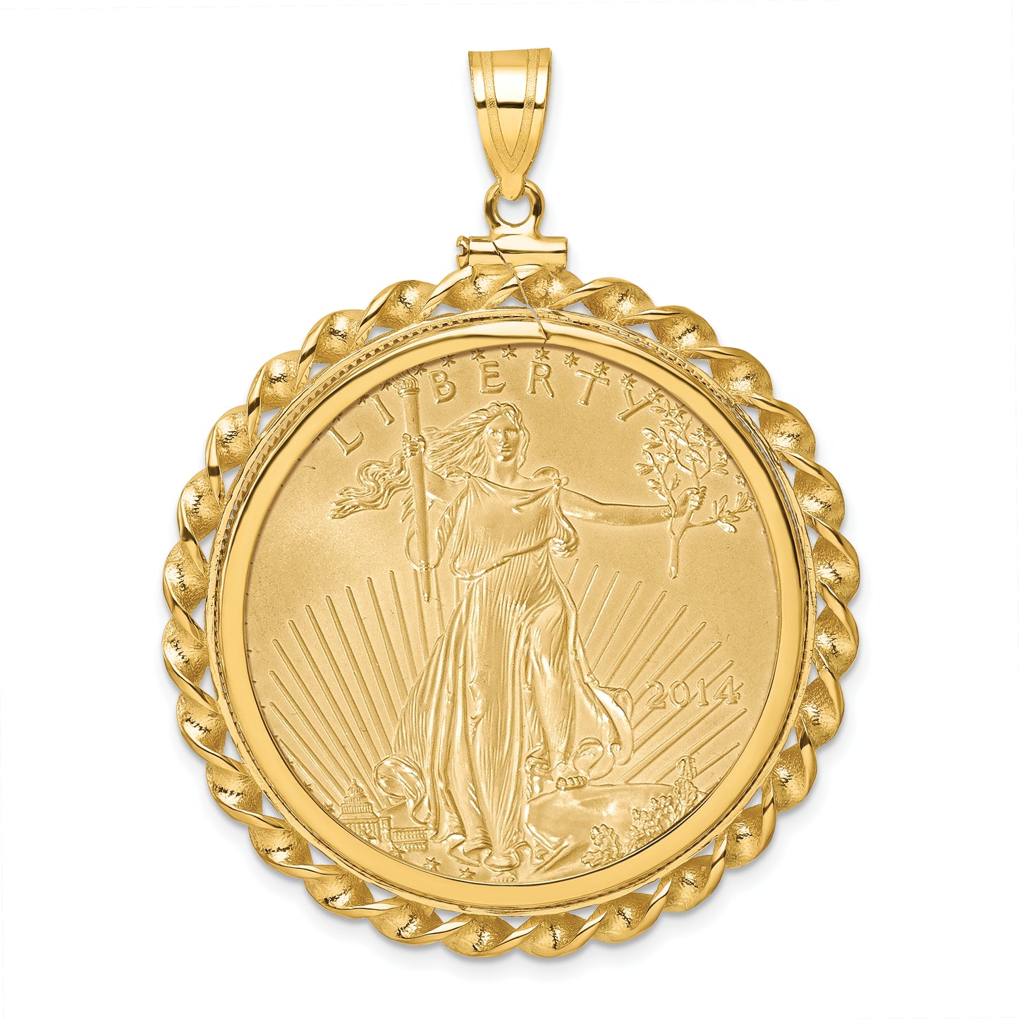 14K Yellow Gold Wideband Distinguished Coin Jewelry Polished Wide Twisted Wire Mounted 1Oz American Eagle Screw Top Bezel Pendant