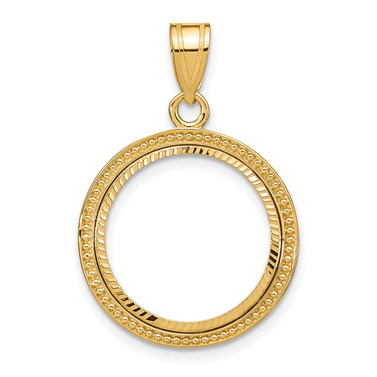 14K Yellow Gold Wideband Distinguished Coin Jewelry Polished Beaded And Diamond-Cut 16.5mm Prong Bezel Pendant