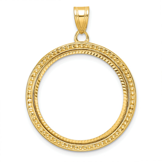 14K Yellow Gold Wideband Distinguished Coin Jewelry Polished Beaded And Diamond-Cut 22.0mm Prong Bezel Pendant