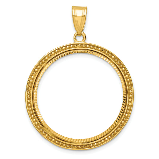 14K Yellow Gold Wideband Distinguished Coin Jewelry Polished Beaded And Diamond-Cut 27.0mm Prong Bezel Pendant