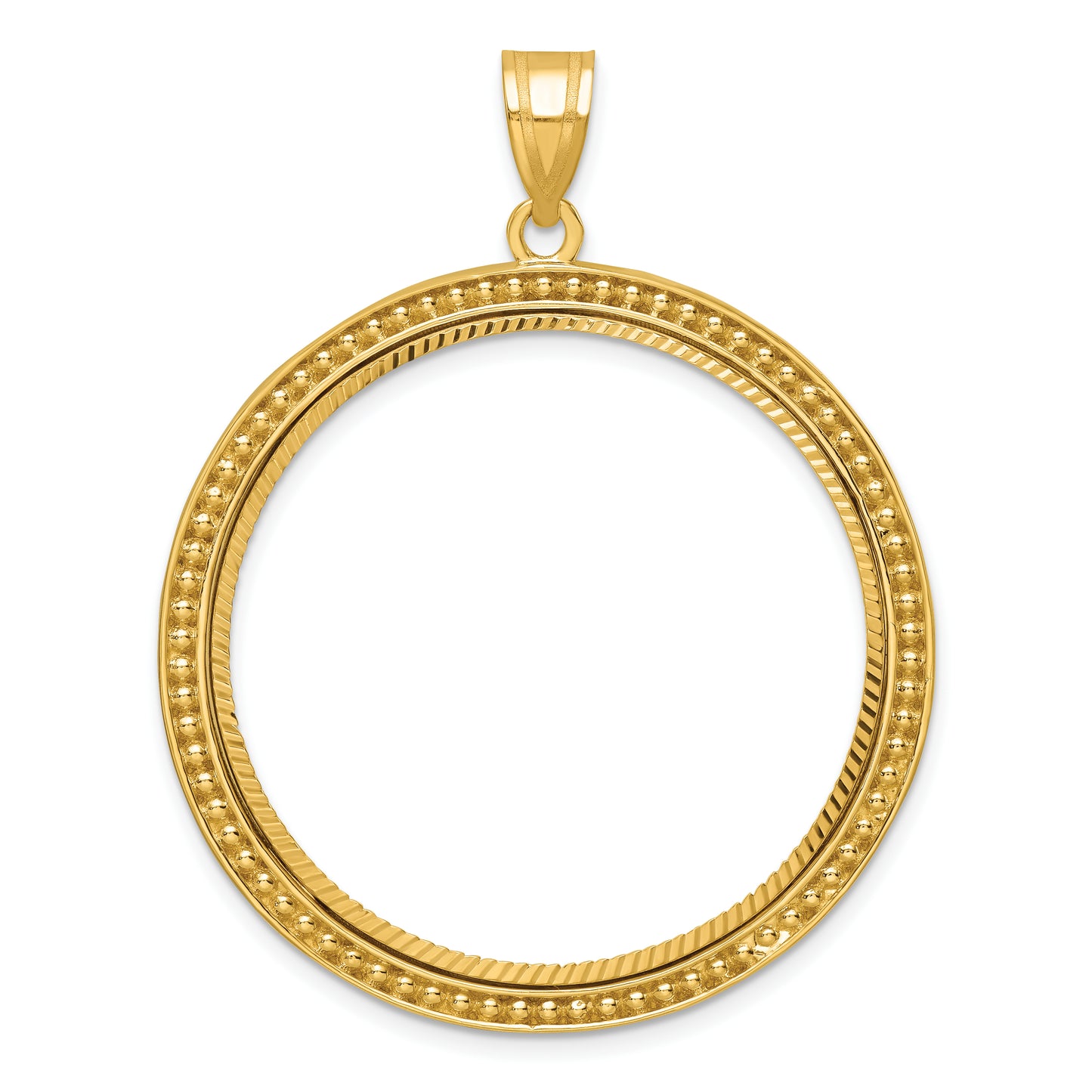 14K Yellow Gold Wideband Distinguished Coin Jewelry Polished Beaded And Diamond-Cut 32.7mm Prong Bezel Pendant