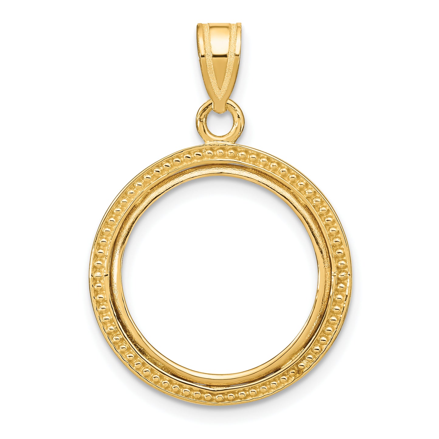 14K Yellow Gold Wideband Distinguished Coin Jewelry Polished And Beaded 16.5mm Prong Bezel Pendant