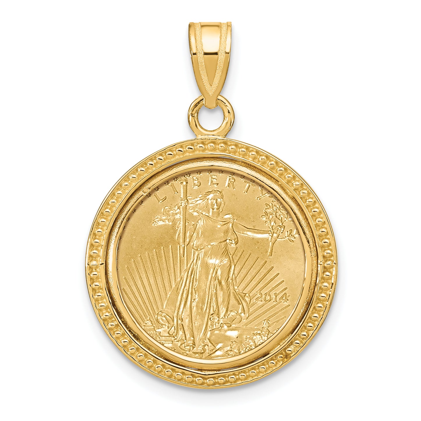 14K Yellow Gold Wideband Distinguished Coin Jewelry Polished And Beaded Mounted 1/10Oz American Eagle Bezel Pendant