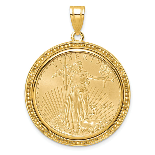 14K Yellow Gold Wideband Distinguished Coin Jewelry Polished And Beaded Mounted 1/2Oz American Eagle Bezel Pendant