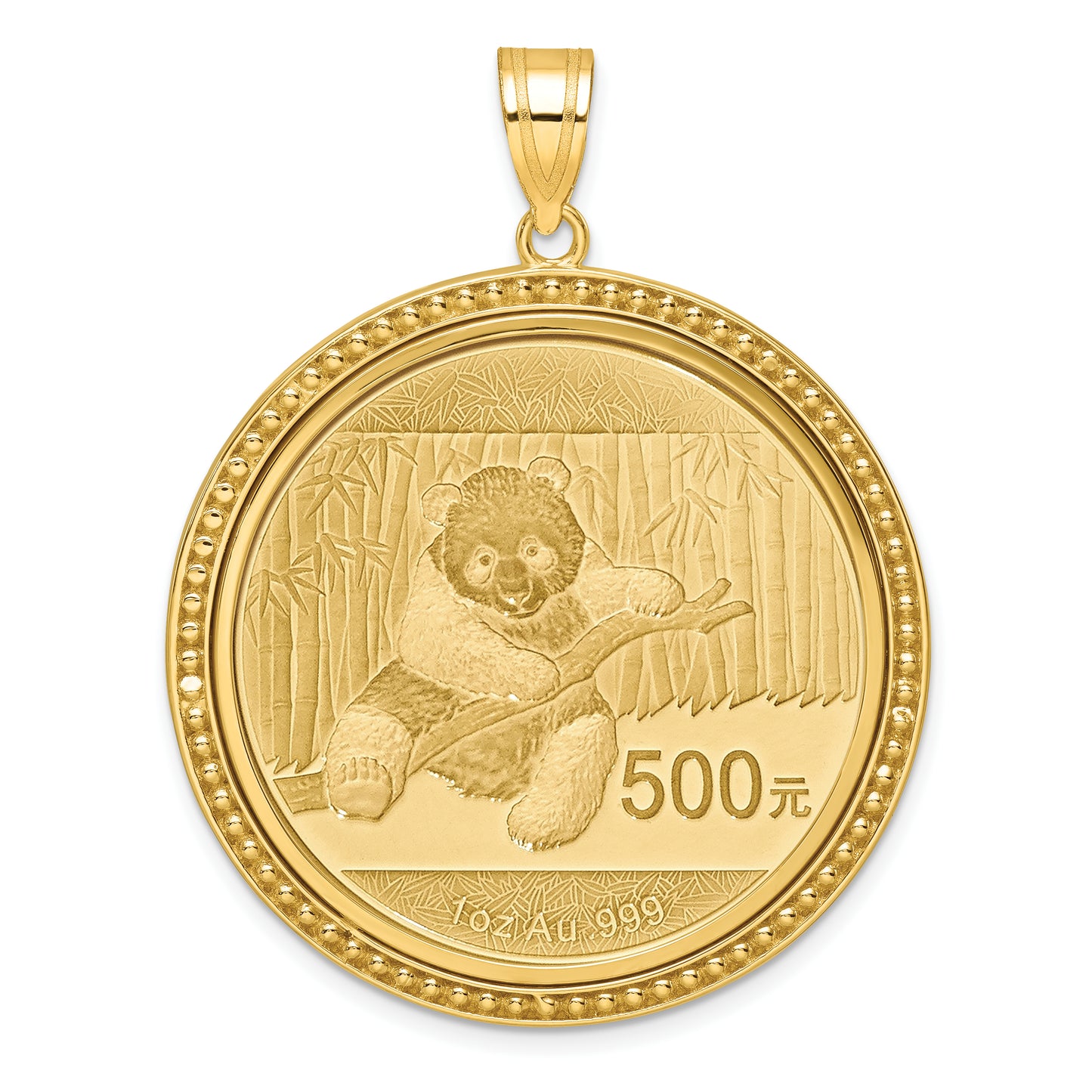 14K Yellow Gold Wideband Distinguished Coin Jewelry Polished And Beaded Mounted 1Oz Panda Bezel Pendant