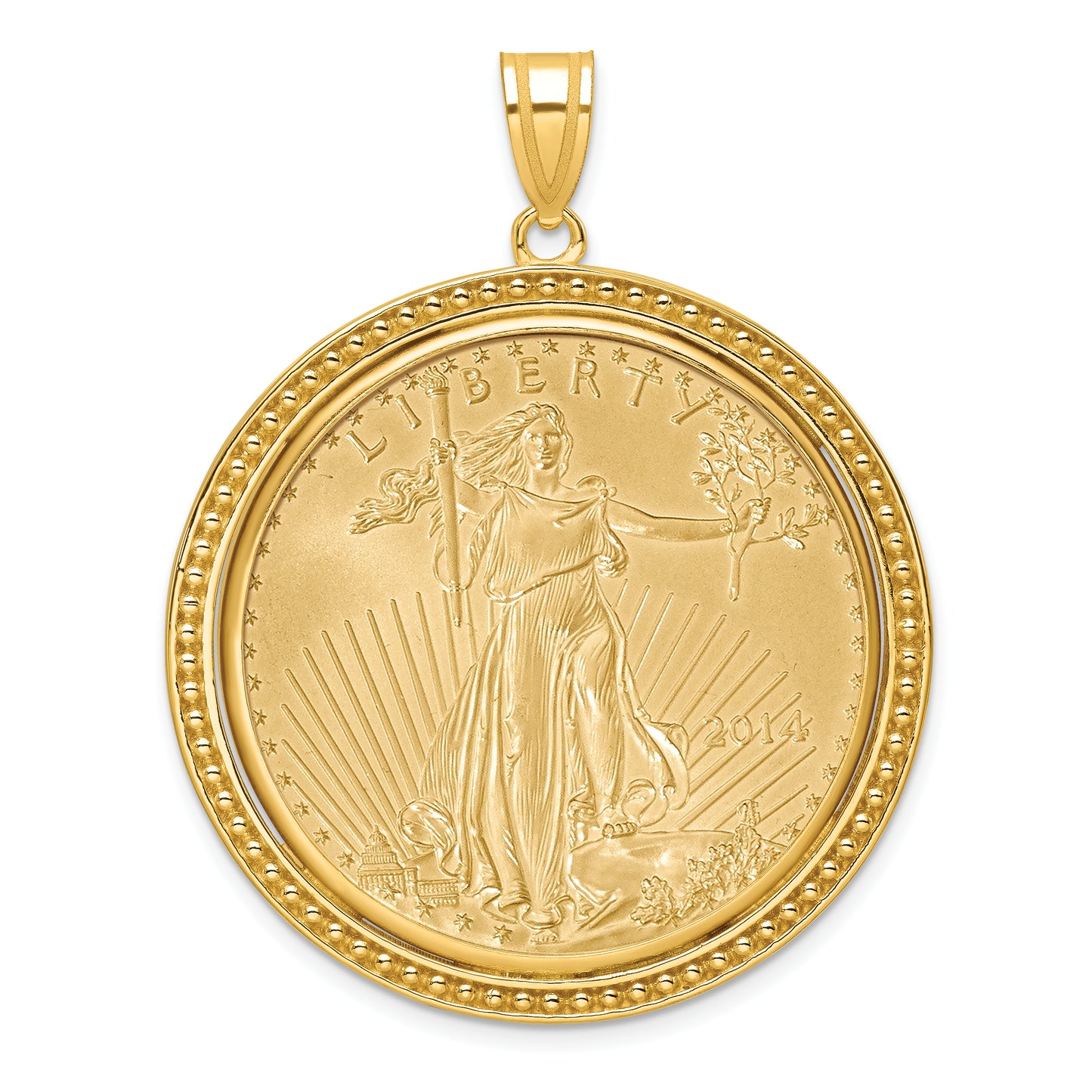 14K Yellow Gold Wideband Distinguished Coin Jewelry Polished And Beaded Mounted 1Oz American Eagle Bezel Pendant