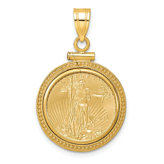 14K Yellow Gold Wideband Distinguished Coin Jewelry Polished And Beaded Mounted 1/10Oz American Eagle Screw Top Bezel Pendant