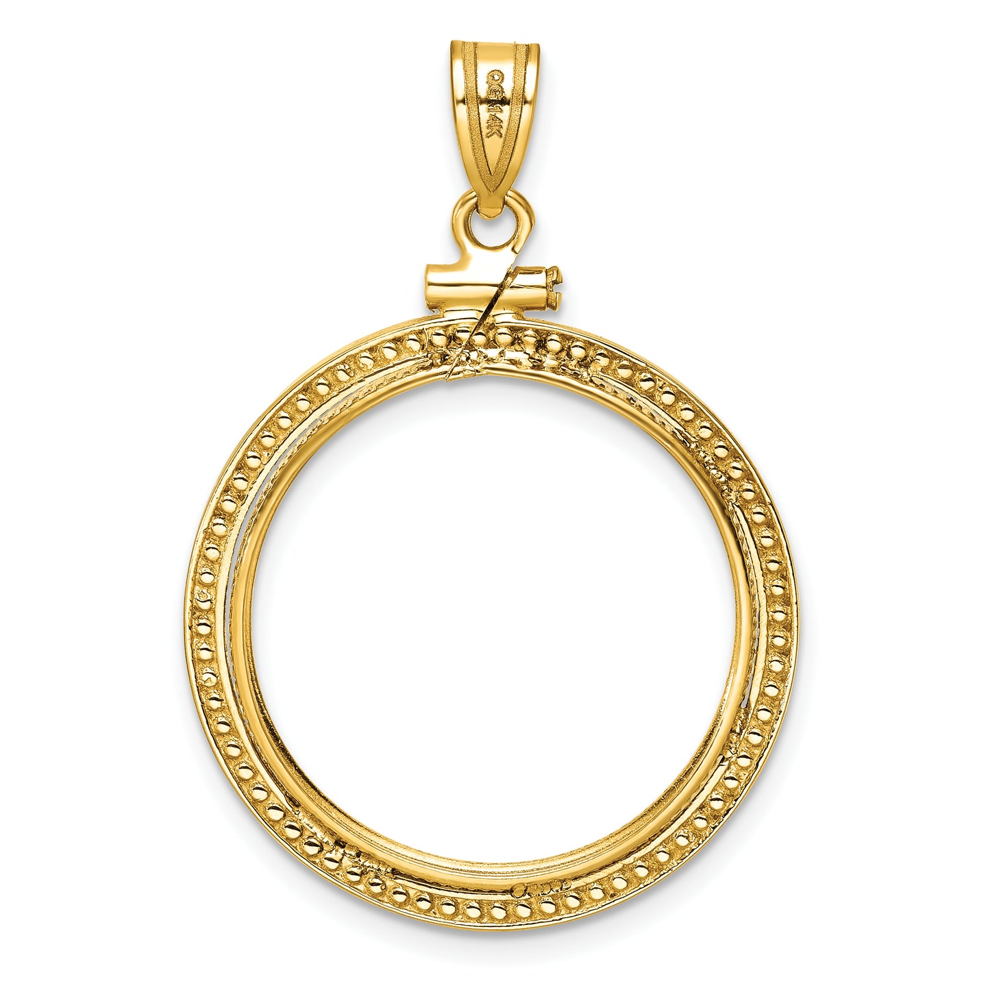 14K Yellow Gold Wideband Distinguished Coin Jewelry Polished And Beaded 22.0mm X 1.9mm Screw Top Bezel Pendant