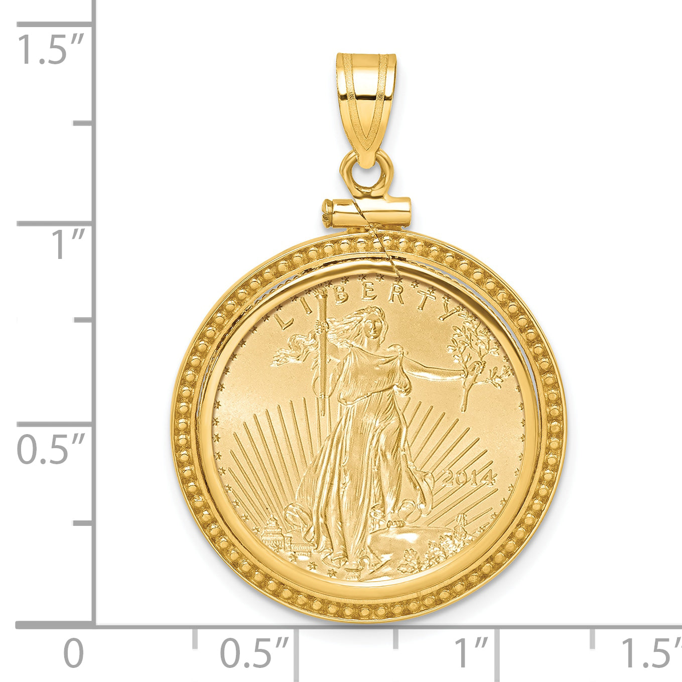 14K Yellow Gold Wideband Distinguished Coin Jewelry Polished And Beaded Mounted 1/4Oz American Eagle Screw Top Bezel Pendant