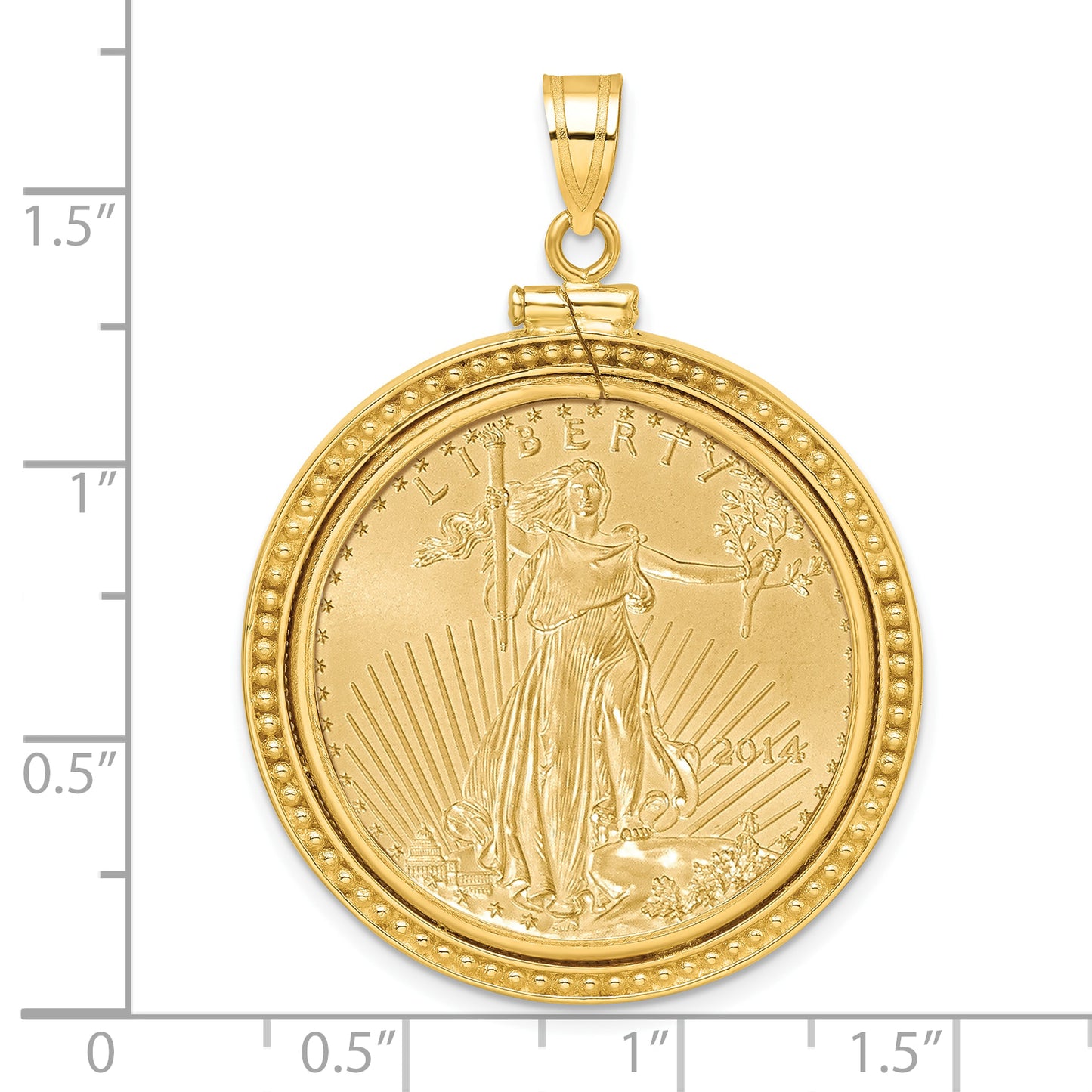 14K Yellow Gold Wideband Distinguished Coin Jewelry Polished And Beaded Mounted 1/2Oz American Eagle Screw Top Bezel Pendant