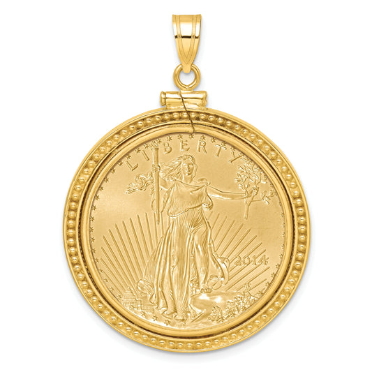 14K Yellow Gold Wideband Distinguished Coin Jewelry Polished And Beaded Mounted 1/2Oz American Eagle Screw Top Bezel Pendant