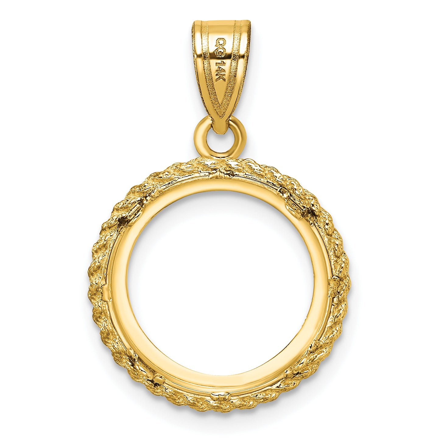 14K Yellow Gold Wideband Distinguished Coin Jewelry Polished And Diamond-Cut With Casted Rope 14.0mm Prong Bezel Pendant