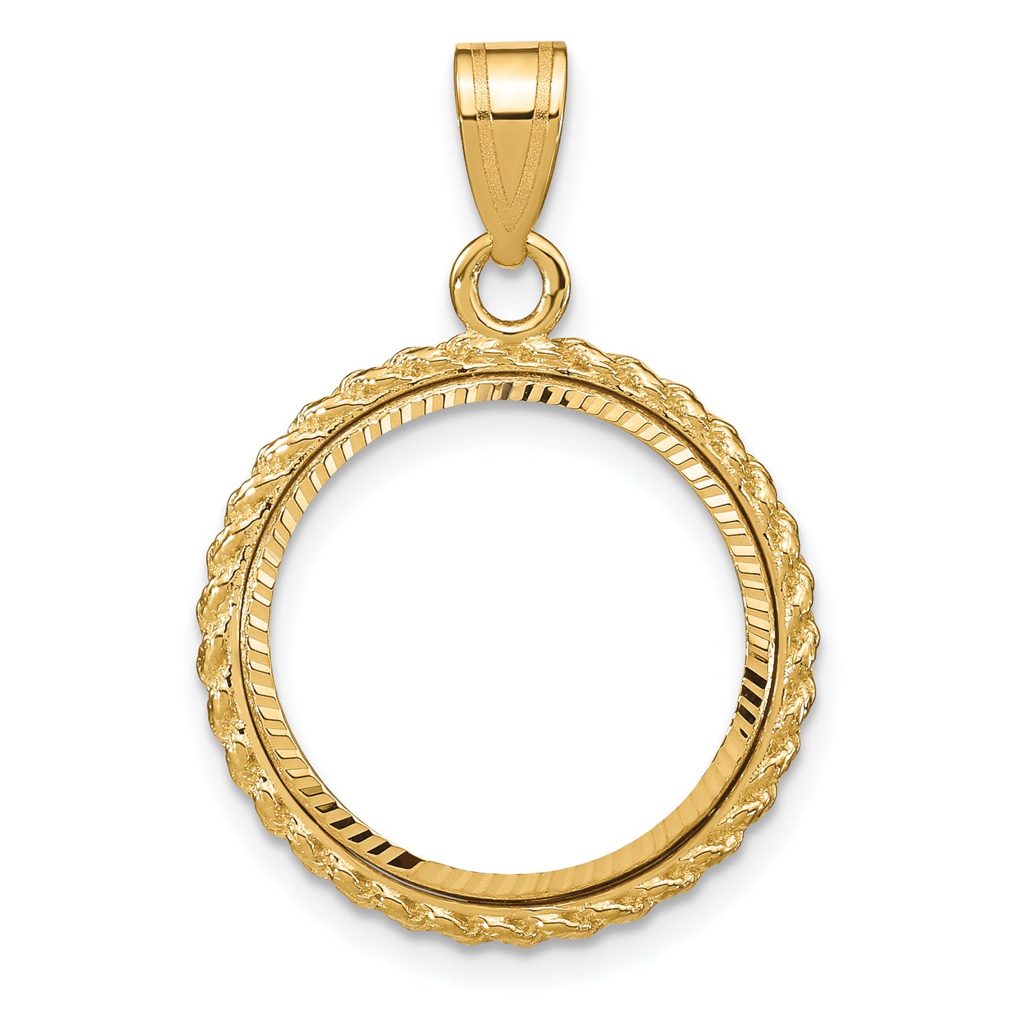 14K Yellow Gold Wideband Distinguished Coin Jewelry Polished And Diamond-Cut With Casted Rope 16.5mm Prong Bezel Pendant