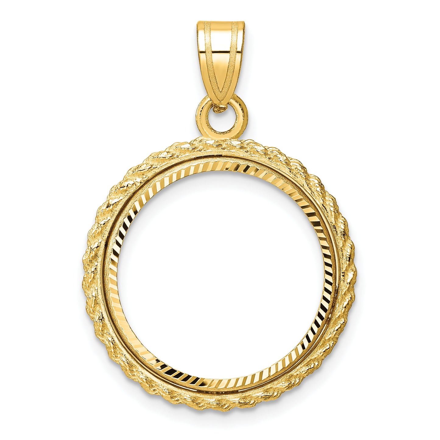 14K Yellow Gold Wideband Distinguished Coin Jewelry Polished And Diamond-Cut With Casted Rope 18.0mm Prong Bezel Pendant