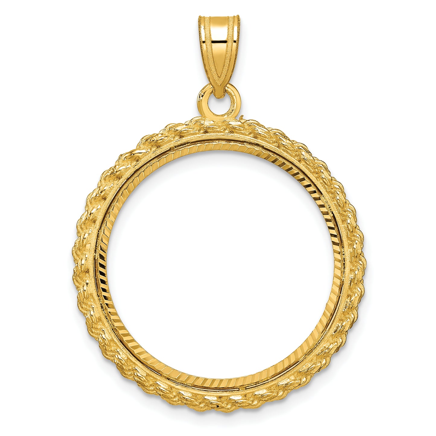 14K Yellow Gold Wideband Distinguished Coin Jewelry Polished And Diamond-Cut With Casted Rope 22.0mm Prong Bezel Pendant