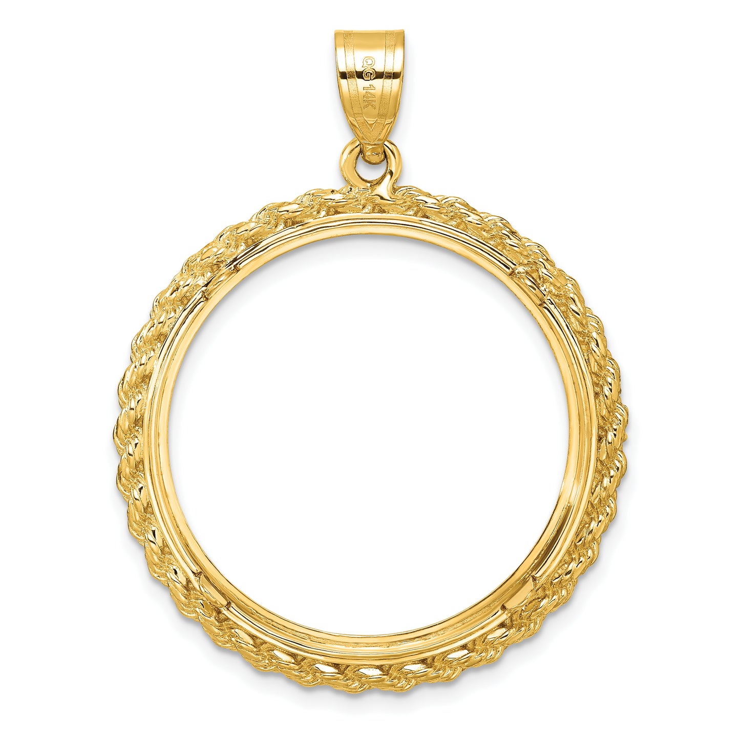 14K Yellow Gold Wideband Distinguished Coin Jewelry Polished And Diamond-Cut With Casted Rope 27.0mm Prong Bezel Pendant