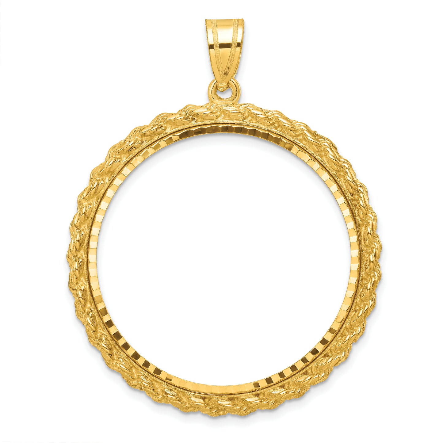 14K Yellow Gold Wideband Distinguished Coin Jewelry Polished And Diamond-Cut With Casted Rope 32.0mm Prong Bezel Pendant