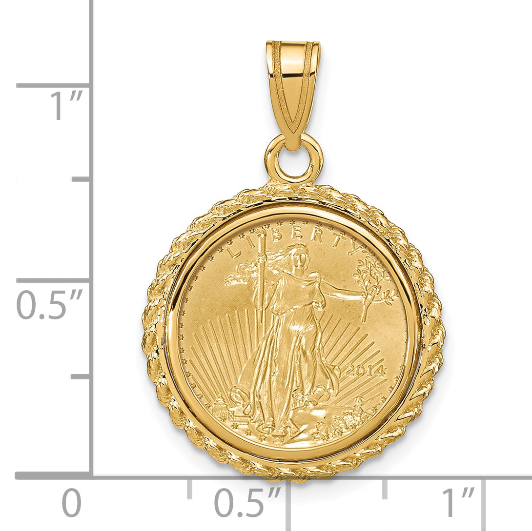 14K Yellow Gold Wideband Distinguished Coin Jewelry Polished With Casted Rope Mounted 1/10Oz American Eagle Prong Bezel Pendant