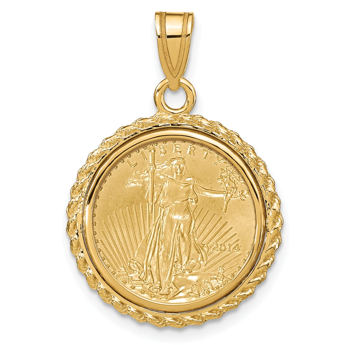 14K Yellow Gold Wideband Distinguished Coin Jewelry Polished With Casted Rope Mounted 1/10Oz American Eagle Prong Bezel Pendant