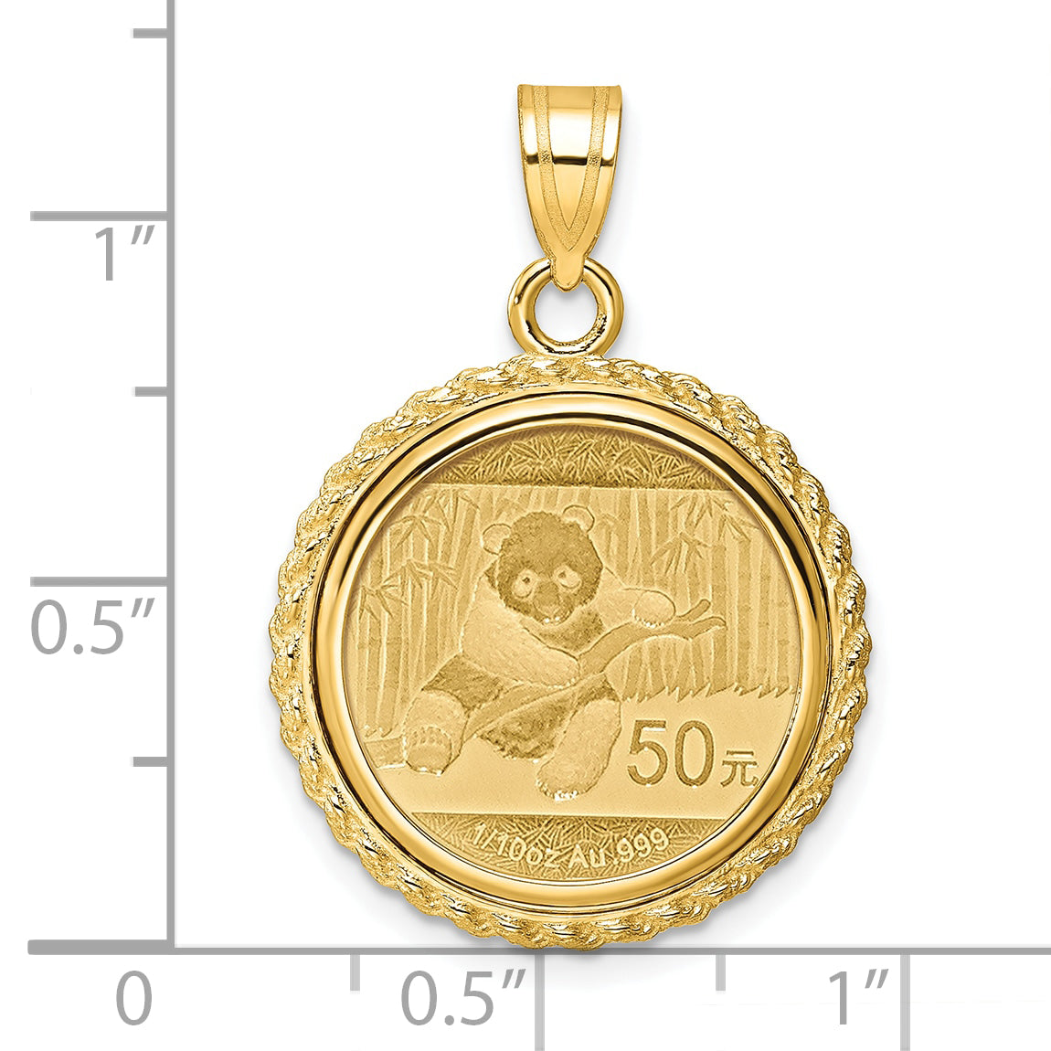 14K Yellow Gold Wideband Distinguished Coin Jewelry Polished With Casted Rope Mounted 1/10Oz Panda Prong Bezel Pendant