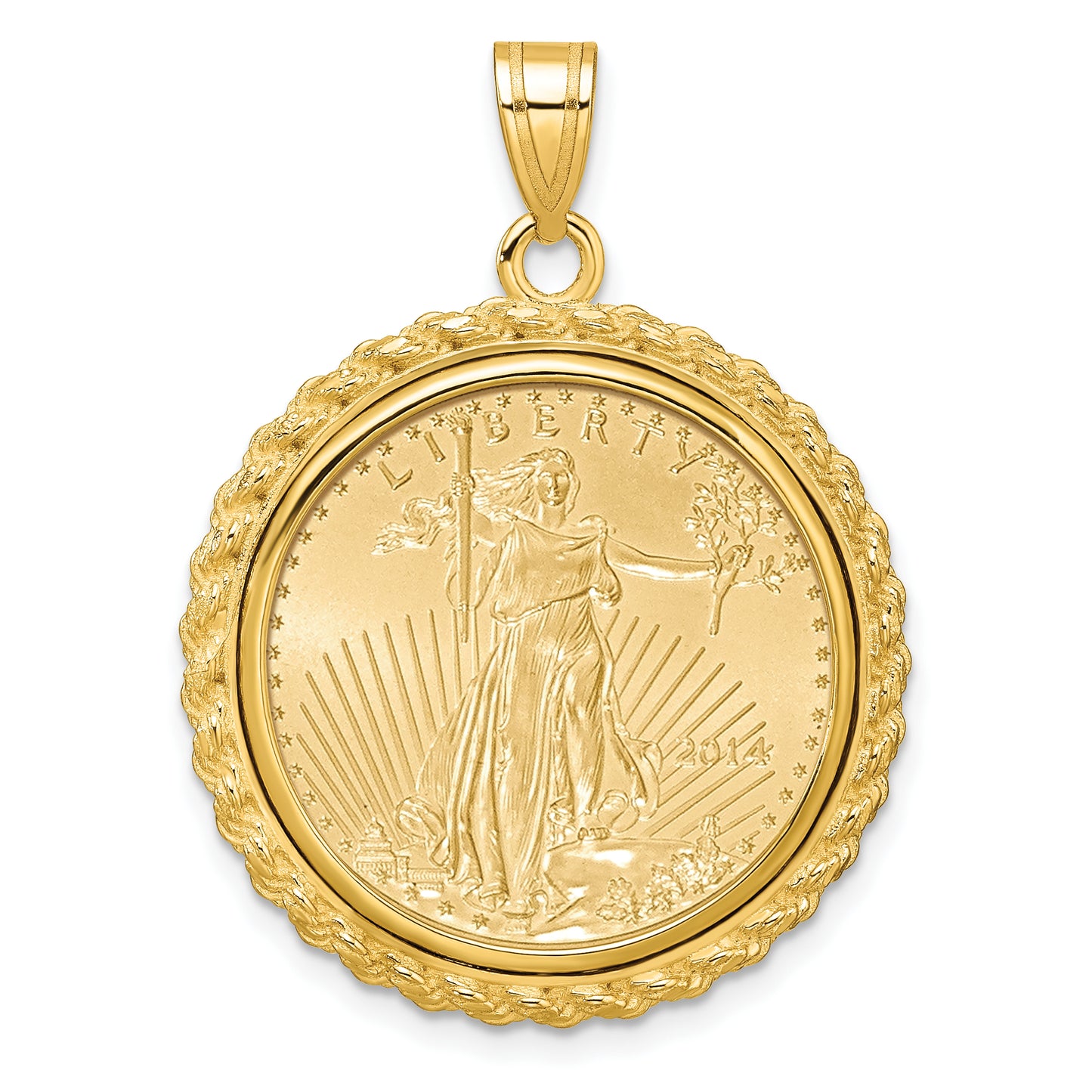 14K Yellow Gold Wideband Distinguished Coin Jewelry Polished With Casted Rope Mounted 1/4Oz American Eagle Prong Bezel Pendant