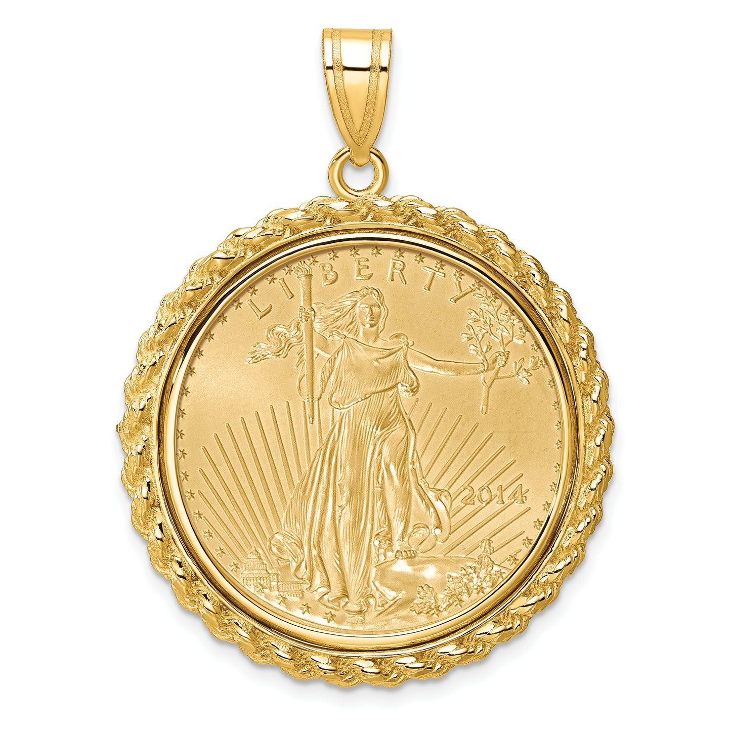 14K Yellow Gold Wideband Distinguished Coin Jewelry Polished With Casted Rope Mounted 1/2Oz American Eagle Prong Bezel Pendant