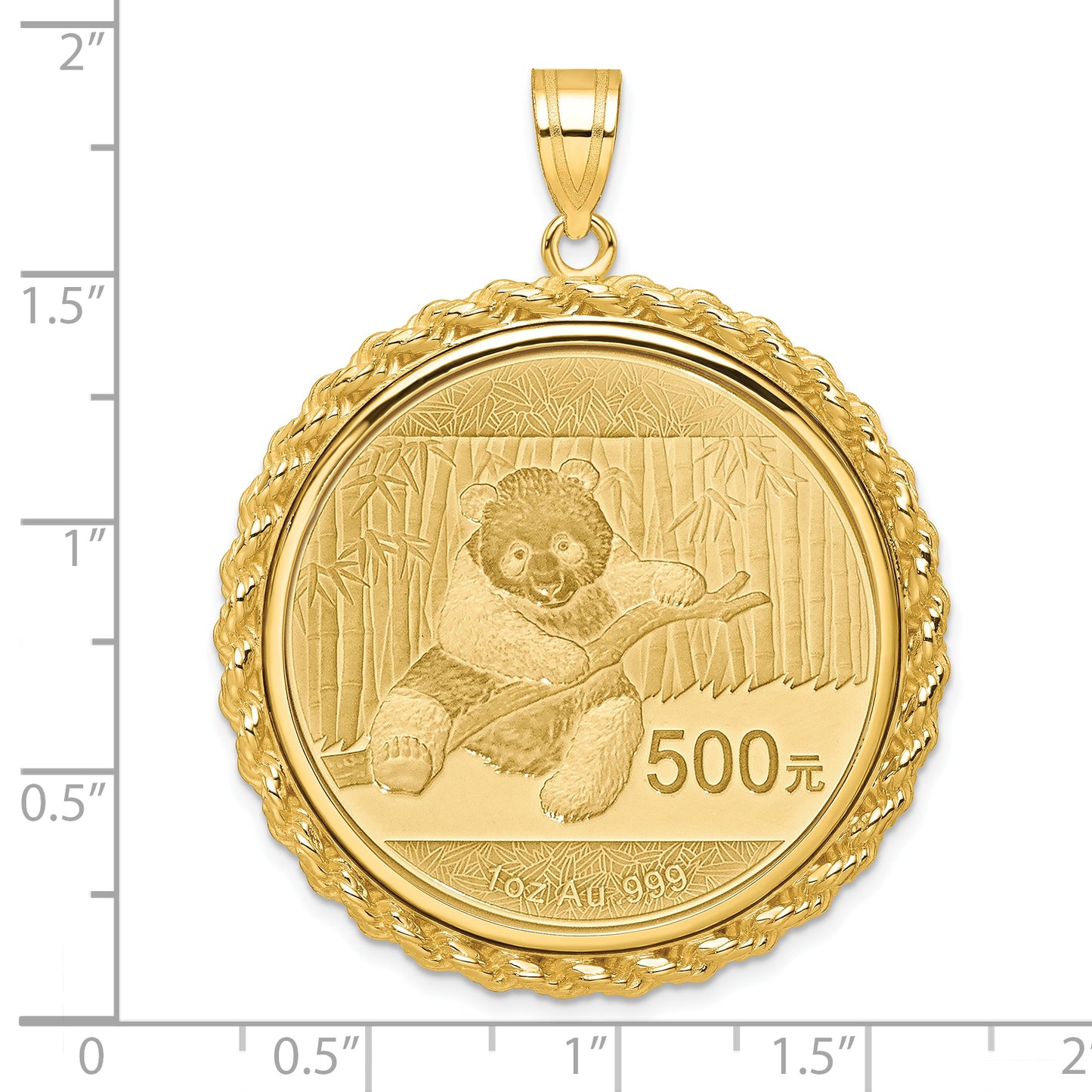 14K Yellow Gold Wideband Distinguished Coin Jewelry Polished With Casted Rope Mounted 1Oz Panda Prong Bezel Pendant