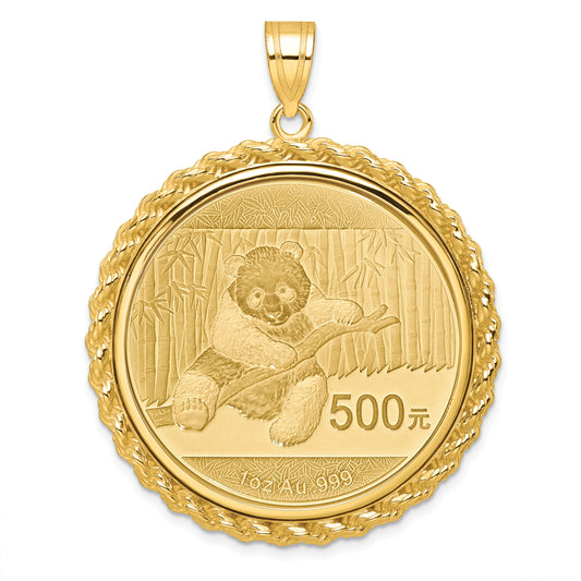 14K Yellow Gold Wideband Distinguished Coin Jewelry Polished With Casted Rope Mounted 1Oz Panda Prong Bezel Pendant