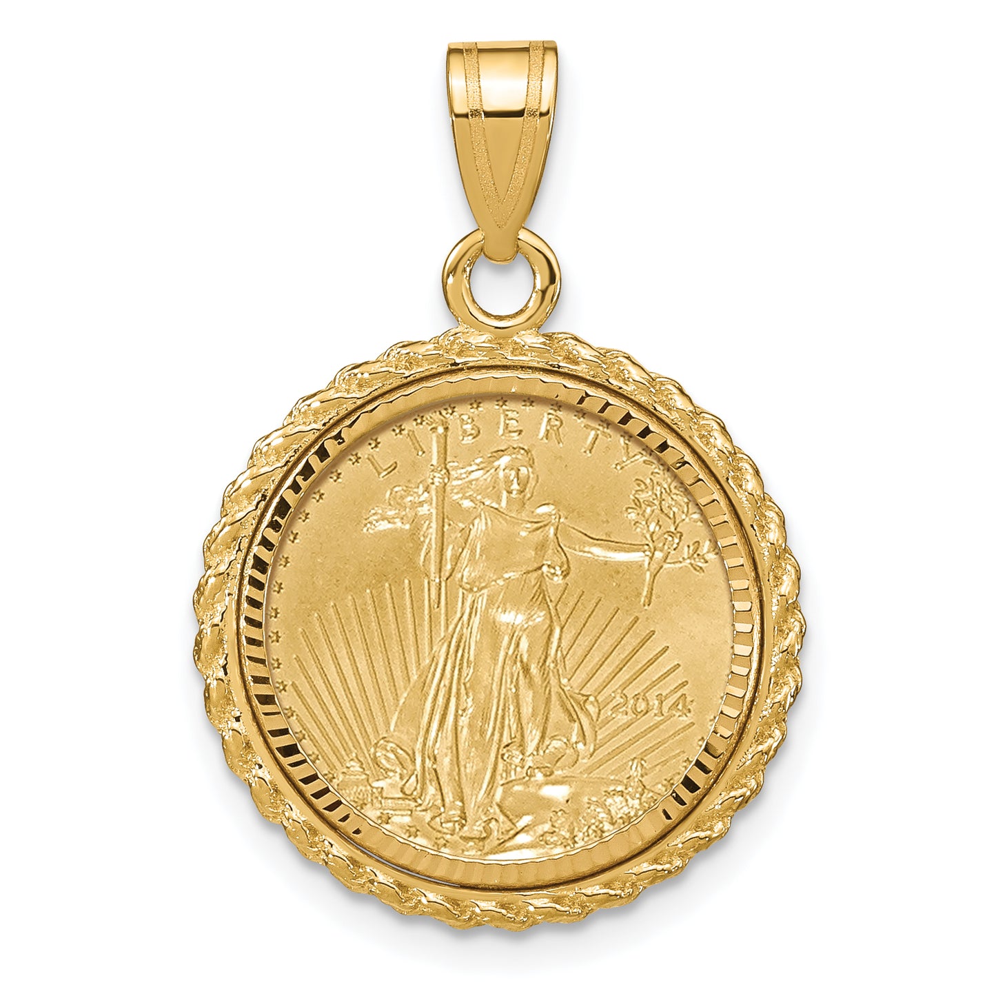 14K Yellow Gold Wideband Distinguished Coin Jewelry 14Ky Diamond-Cut Casted Rope Prong Mounted 1/10Oz American Eagle Bezel Pendant